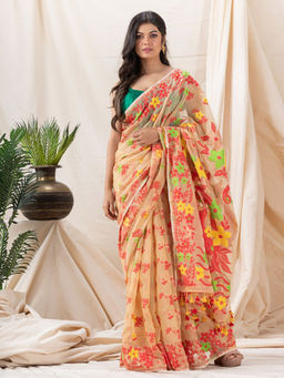Angoshobha - Traditional Tan Cotton Blended Soft Dhakai Jamdani Saree with Unstitched Blouse