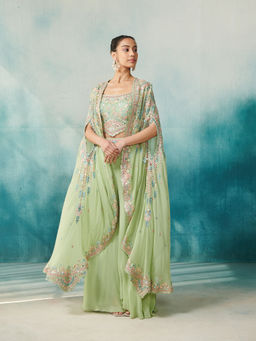 SUHINO - Green Georgette Sharara Blouse & Cape (Set of 3)