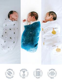 Malabar Baby - Multi-Color Printed Organic Muslin Swaddles (Pack of 3)