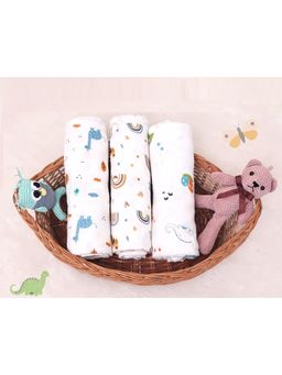 R for Rabbit - White Safari Printed Swaddles (Pack of 3)