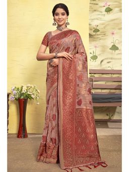 Sangam Prints - Light Pink Cotton Woven Zari Work Traditional Tassel Saree with Unstitched Blouse