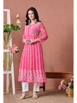 FASHIONABLE CHIKAN HANDIKRAFT - Pink Chikankari Anarkali Long Kurta with Inner