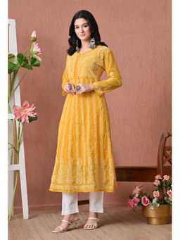 FASHIONABLE CHIKAN HANDIKRAFT - Women Yellow Chikankari Anarkali Long Kurta with Inner