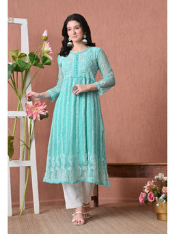 FASHIONABLE CHIKAN HANDIKRAFT - Turquoise Chikankari Anarkali Long Kurta with Inner