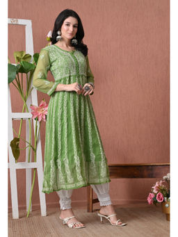 FASHIONABLE CHIKAN HANDIKRAFT - Green Chikankari Anarkali Long Kurta with Inner