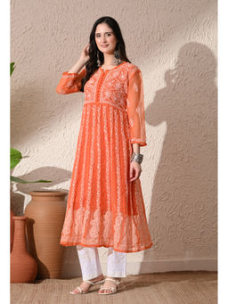 FASHIONABLE CHIKAN HANDIKRAFT - Orange Chikankari Anarkali Long Kurta with Inner