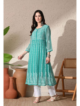 FASHIONABLE CHIKAN HANDIKRAFT - Turquoise Chikankari Anarkali Long Kurta with Inner