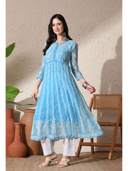 FASHIONABLE CHIKAN HANDIKRAFT - Sky Blue Chikankari Anarkali Long Kurta with Inner