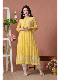 FASHIONABLE CHIKAN HANDIKRAFT - Yellow Chikankari Anarkali Long Kurta with Inner