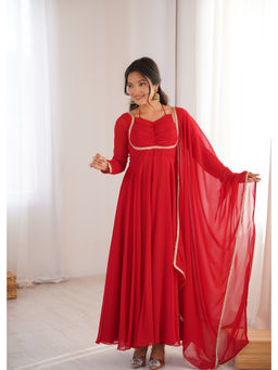 THE52 - Red Solid Fox Blooming Georgette Anarkali and Dupatta