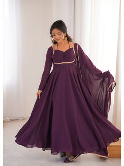 THE52 - Purple Solid Georgette Flared Anarkali and Dupatta Set