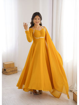 THE52 - Yellow Solid Georgette Flared Anarkali and Dupatta Set