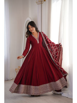 THE52 - Maroon Embroidery Vichitra Silk Anarkali and Dupatta