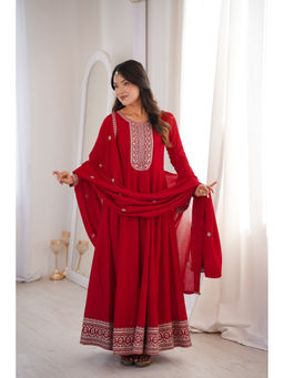THE52 - Women'S Embroidery Work Vichitra Silk Fabric Anarkali Dupatta Set