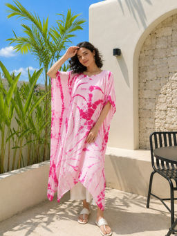 Maaesa - Pink Handcrafted Tie and Dye Casual Rayon Crepe Kaftan