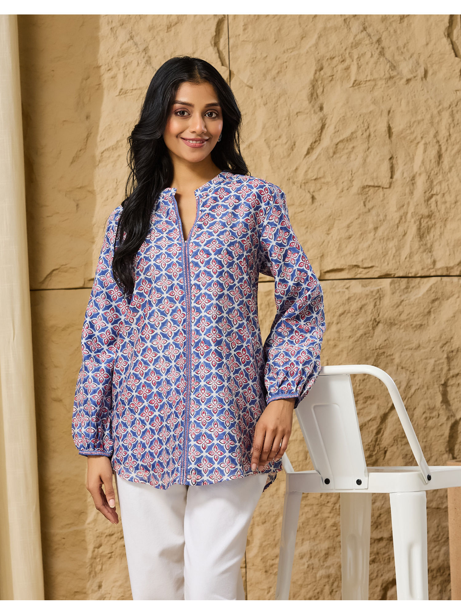 fabindia Blue Cotton Silk Hand Block Printed Clara Tunic-picture-13