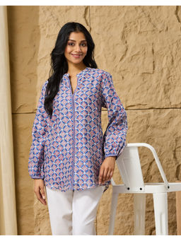 Fabindia - Blue Cotton Silk Hand Block Printed Clara Tunic