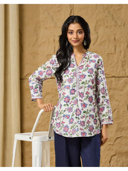Fabindia - White Rayon Blend Hand Block Printed Tunic and Slip
