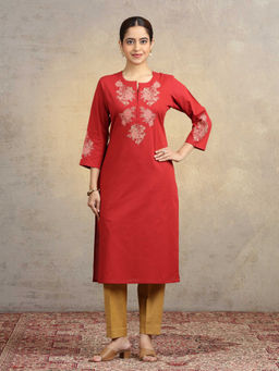 Cotton Culture - Rust Pure Cotton Floral Embroidered Straight Kurta