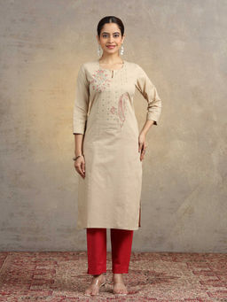 Cotton Culture - Beige Embroidered Pure Cotton Straight Fit Ethnic Kurta