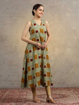 Cotton Culture - Sage Green Geometric Print A-Line Pure Cotton Kurta