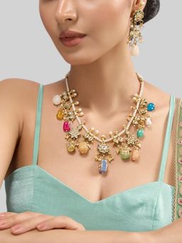 Auraa Trends - Gold Finish Kundan Polka and Multi-Coloured Stone Jewellery Set