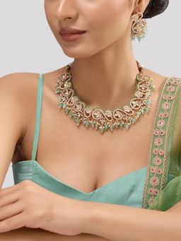 Auraa Trends - Gold Finish Kundan Polka and Green Onyx Jewellery Set