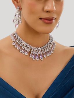 Auraa Trends - White Finish Kundan Polka and Purple Stone Jewellery Set