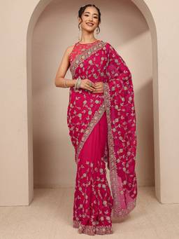 Libas - Pink Embellished/Sequined Saree with Unstittched Blouse