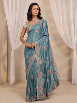 Libas - Teal Embellished/Sequined Saree with Unstittched Blouse