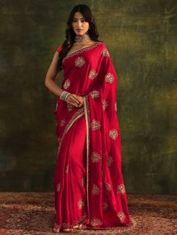 Libas - Red Embellished/Sequined Saree with Unstittched Blouse