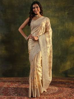Libas Art - Beige Embellished/Sequined Saree with Unstittched Blouse
