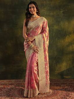 Libas Art - Peach Embellished/Sequined Saree with Unstittched Blouse