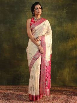 Libas Art - Off White Embellished/Sequined Saree with Unstittched Blouse