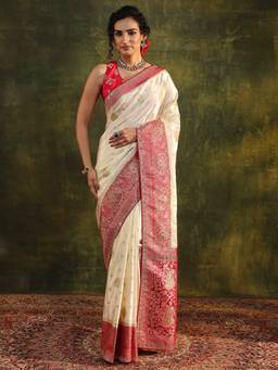 Libas - Cream Embellished/Sequined Saree with Unstittched Blouse