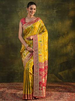 Libas Art - Mustard Woven Saree with Unstittched Blouse