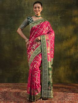 Libas Art - Pink Woven Saree with Unstittched Blouse