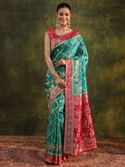 Libas Art - Blue Woven Saree with Unstittched Blouse