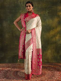 Libas Art - Cream Woven Saree with Unstittched Blouse