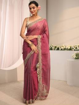 Libas - Maroon Embellished/Sequined Saree with Unstittched Blouse