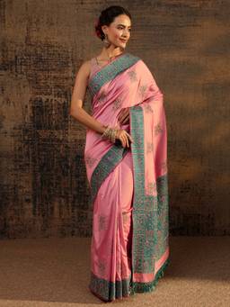 Libas - Pink Embroidered Saree with Unstittched Blouse