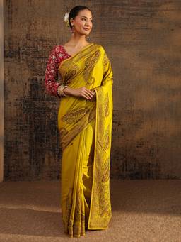 Libas - Mustard Embroidered Saree with Unstittched Blouse