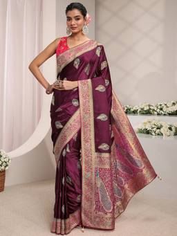 Libas Art - Burgundy Embellished/Sequined Saree with Unstittched Blouse