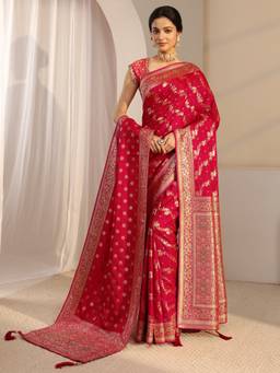 Libas - Red Embellished/Sequined Saree with Unstittched Blouse