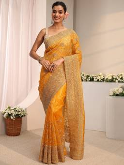 Libas - Mustard Embroidered Saree with Unstittched Blouse