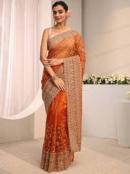 Libas - Orange Embroidered Saree with Unstittched Blouse