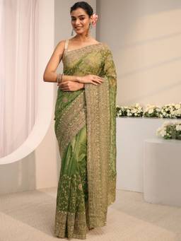 Libas - Green Embroidered Saree with Unstittched Blouse