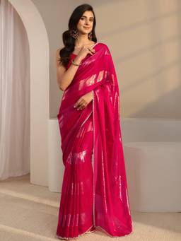 Libas - Pink Embellished/Sequined Saree with Unstittched Blouse
