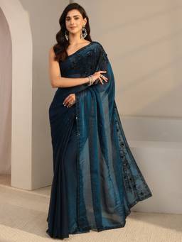 Libas - Blue Embellished/Sequined Saree with Unstittched Blouse