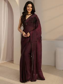 Libas - Burgundy Embellished/Sequined Saree with Unstittched Blouse